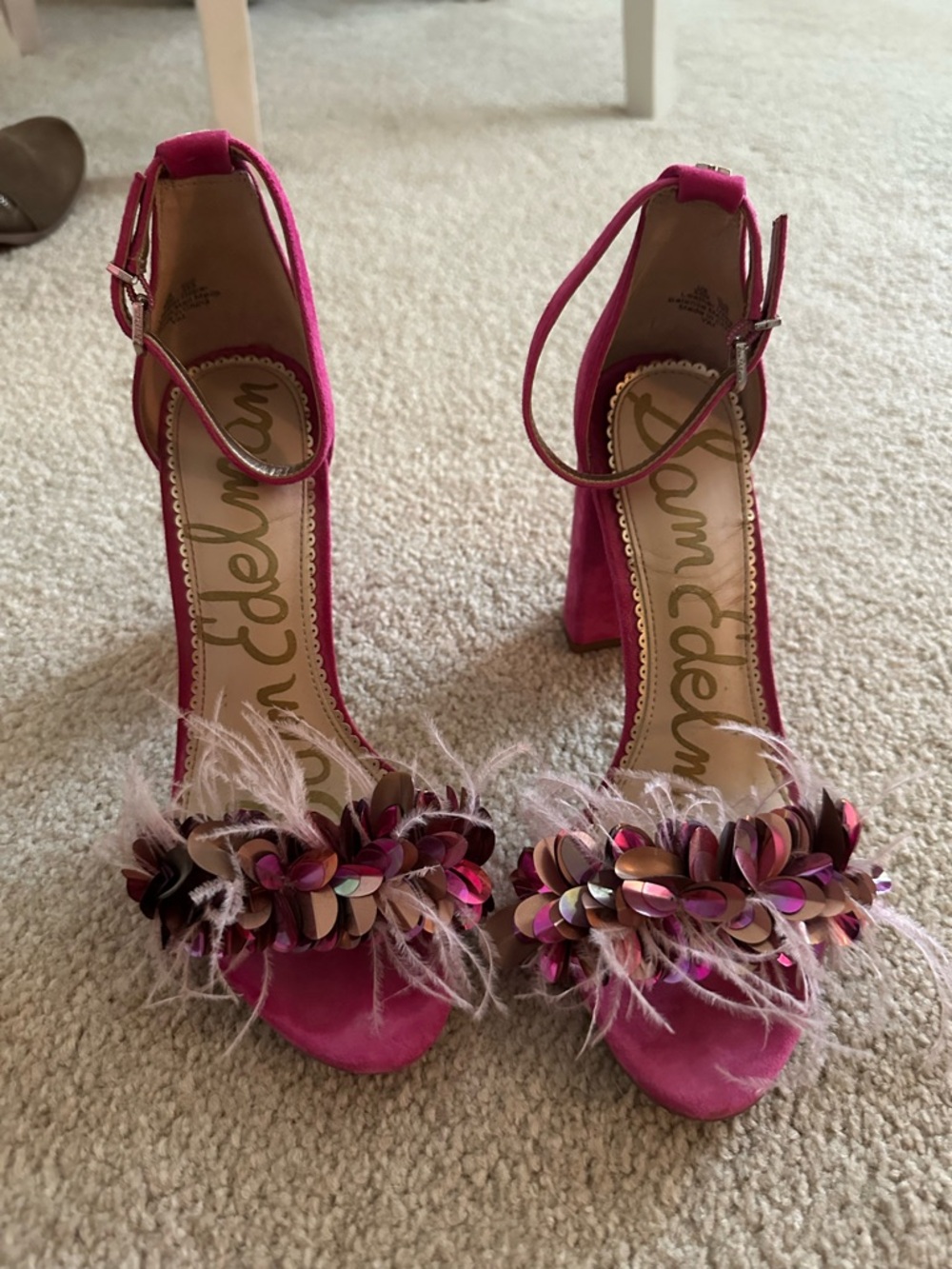 Sam Edelman Fuchsia Pink Floral Sequin Feather Block Heel Sandals